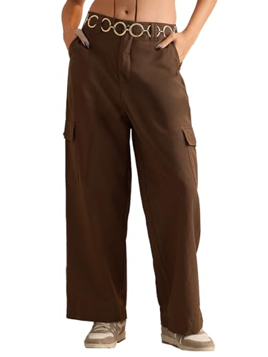 The Souled Store Cotton Linen Pants: Dark Brown Women and Girls Buttoned Solid Cotton Linen Blend Straight Fit Casual Cargo Pants