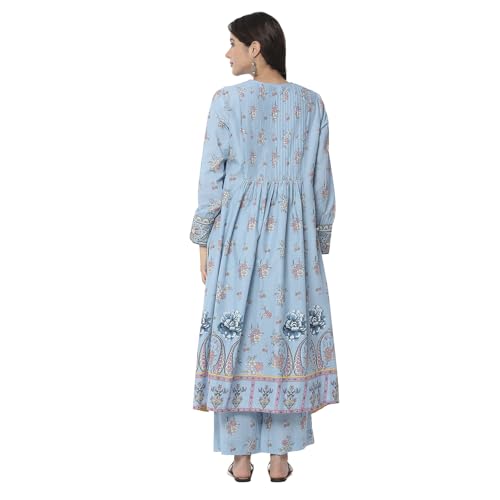 Biba Women Dull Blue Cotton Flared Printed Kurta Set_44