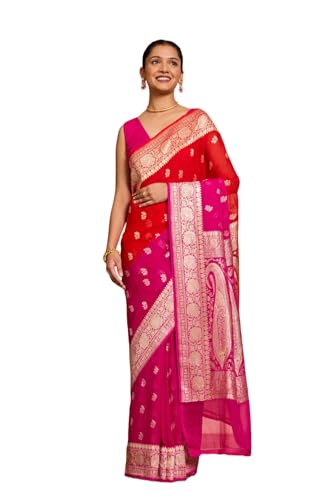 Taneira Women Red Pure Silk Georgette Cutwork Banaras Saree With Unstitched Blouse Piece (SAIP08AB6616-Red)