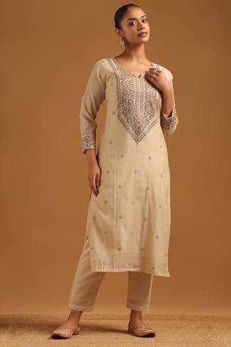 Soch Womens Beige Mul Chanderi Botanical Embroidered Salwar Suit