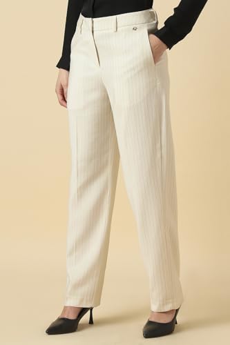 Women Beige Stripe Formal Trousers