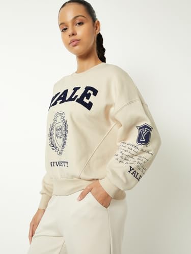 Women Boxy Fit Chenille Embroidered Sweatshirt (Beige_XS)