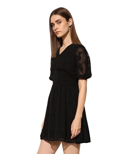 ONLY Women's Self Design Fit and Flare Black Dress