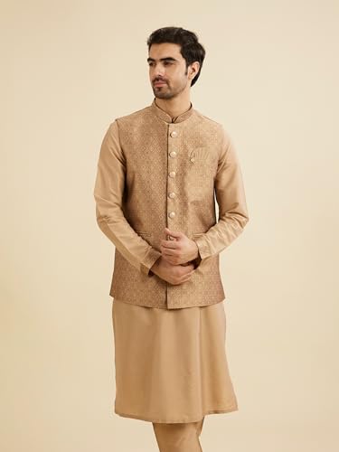 Manyavar Men's Brocade Regal Embroidered Kurta Jacket Set (Fawn,XXXL)