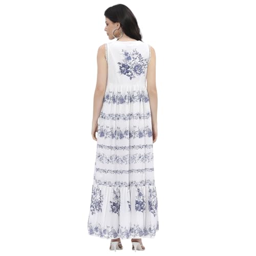 BIBA Women Off-White-Blue Cotton Tiered Printed Dress_36