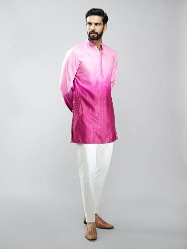 VASTRAMAY Men Falsa Silk Blend Ombre Sequin Kurta | Mid-Length Festive & Wedding Attire with Mandarin Collar