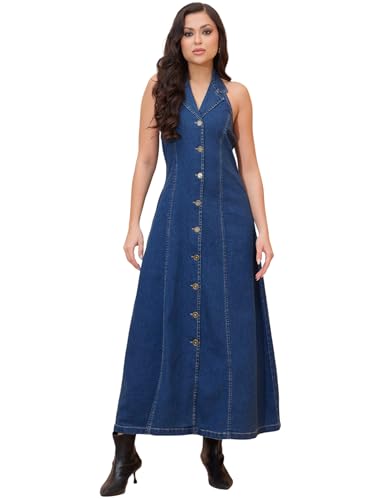 Sassafras Women Blue Denim Button Down Halter Neck Maxi Dress-L