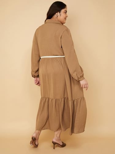 Max Women Textured A-line Tiered Shirt Dress with Belt (Beige_3XL)