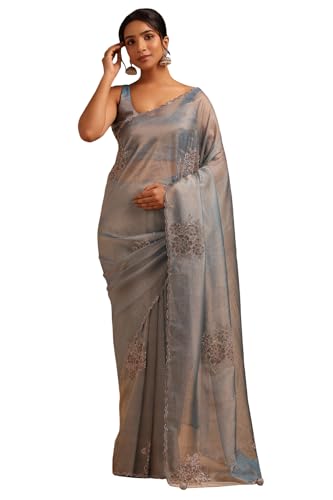 Soch Womens Blue Tissue Floral Saree With Stone Work