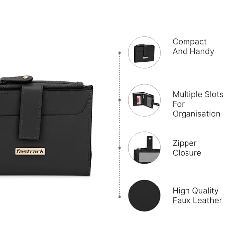 Fastrack Black Two-Fold Wallet | Faux-Leather Women’s Wallet | Compact Design with Card Slots & Zippered Pocket