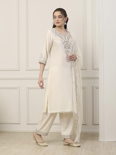 Biba Women White Silk Chanderi Straight Suit Set_34