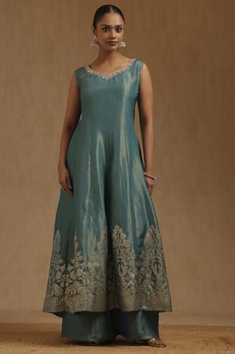 Soch Womens Teal Shimmer Zari Woven Suit Set With Stone Work
