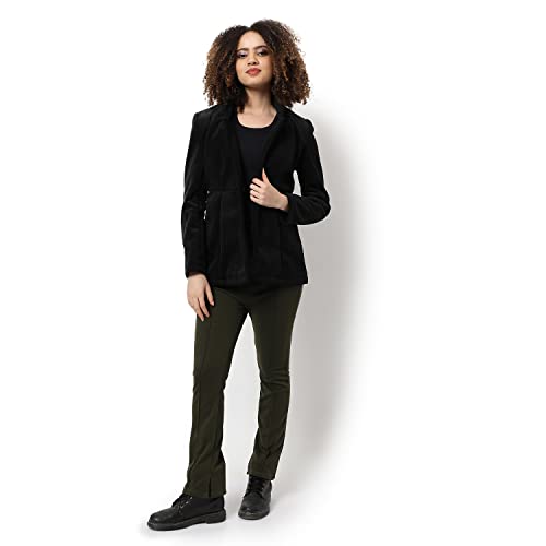 Campus Sutra Women Black Solid Regular Fit Blazer for Winter Wear | Collared Neck | Full Sleeve | Buttoned | Casual Jacket for Woman & Girl | Western Stylish Jacket for Women