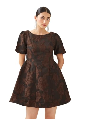 Latin Quarters Women Brown Boat Neck Short Sleeves Fit & Flare Textured Party Dress_S