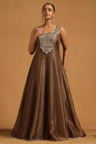 Soch Womens Olive Tissue Floral Gown with Beads and Stones