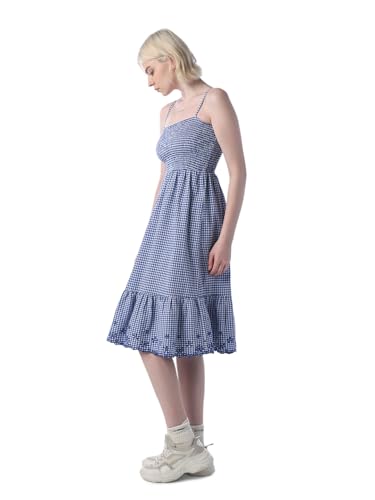 ONLY Women's Checked Fit and Flare Blue Dress
