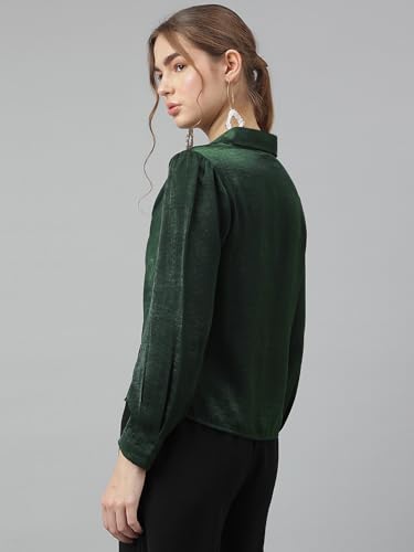 Latin Quarters Women's Green Full Sleeves Collar Neck Casual Solid Top_S