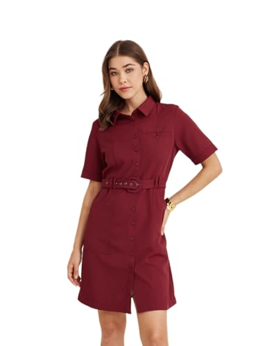 Latin Quarters Women's Maroon Collar Neck Half Sleeves Solid Casual Shirt Dress_XXL