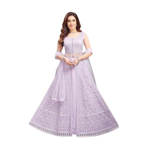 Designer Net Anarkali Gown, Lavender Purple, Embroidered, Floor Length