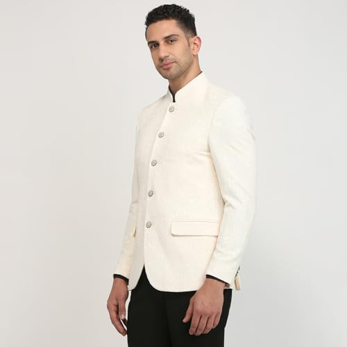 Raymond Men Regular Fit Jacquard Pattern Polyester Elastane Blend Stand Collar Full Sleeve Formal Jacket (Size: 44)-RMJX02790