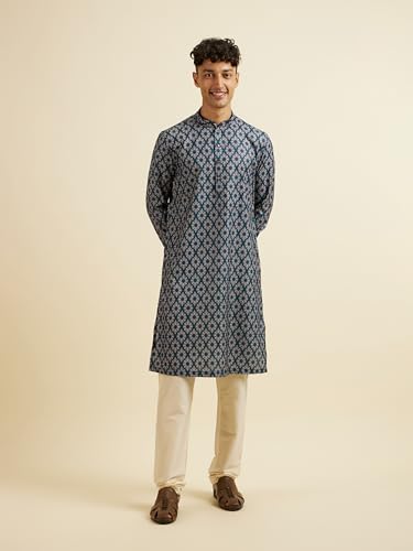 Manyavar Men's Cotton Blend Digital Print Long Kurta (Green,L)