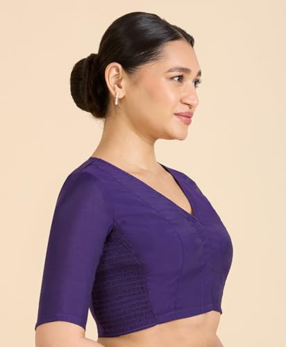 Studio Shringaar Women's Cotton Silk Stretchable (Smocked) Readymade Saree Blouse (Purple, 36)