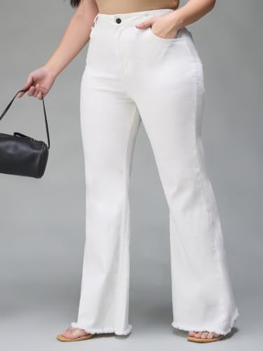 Miss Chase A+ Women's Wide-Leg High-Rise Regular-Length Stretchable Cargo Denim Jeans (APSS23DEN12-52-409-38, Frost White, 38)