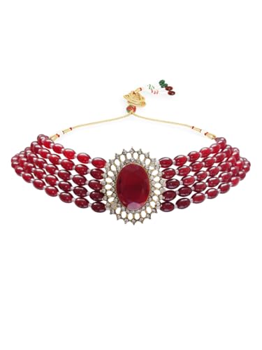OOMPH Jewellery Maroon Beads Multi Layer Ethnic Choker Necklace Set with Large Stud Earrings for Women & Girls Stylish Latest (GOSET143_Z)- For Women & Girls Stylish Latest