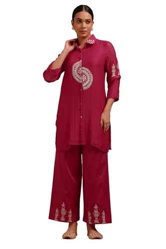 Soch Womens Fuchsia Chanderi Embroidered Co-Ord Set