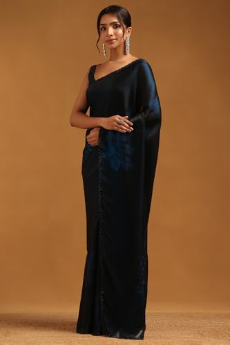 Soch Womens Blue Organza Floral Saree With Stone Work
