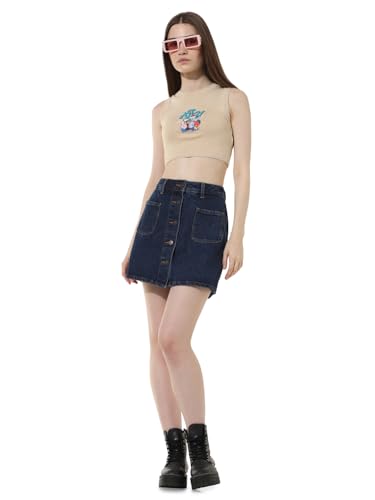 ONLY Women Washed Cotton Blend High Rise Blue Skort