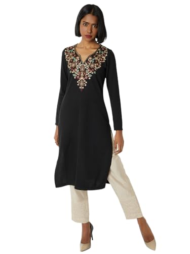 Max Women Knit Straight Winter Kurta(Black_XL)