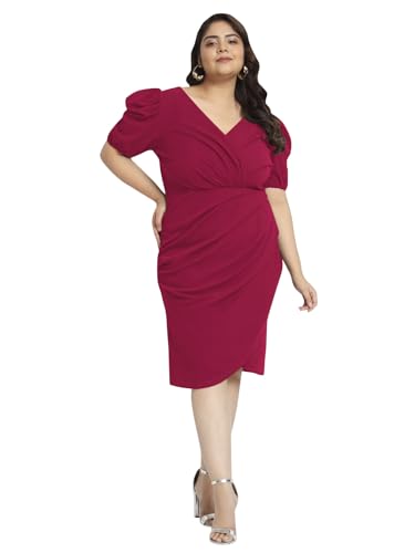 wild U Women Plus Size Bodycon Dress | Stretchable | Puff Sleeve | Knee Length | Western Stylish (Fuchsia Pink - 7XL)
