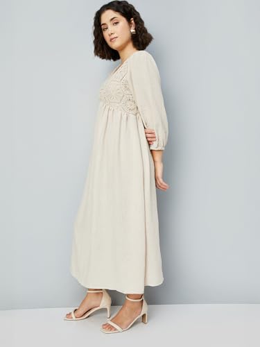 Max Women's Polyester A-Line Midi Dress (DTI3604_Beige