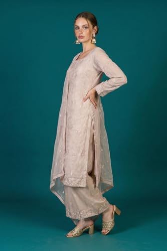 Wishful Women's Beige Embroidered Organza Straight Kurta with Parallel Pants and Dupatta Set - (SP13783-400522-M)