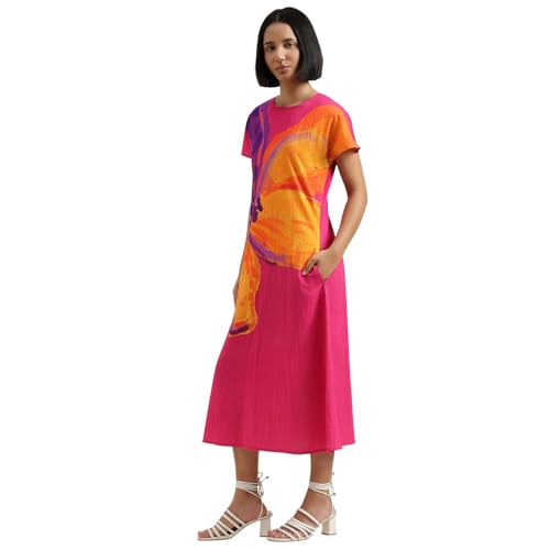 United Colors of Benetton Regular Fit Round Neck Floral Dress (Size : M) - 26P4WVNDR3X7I901 Pink