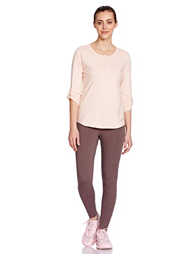 Enamor Essentials Women's Slim Fit Henley Neck 3/4th Sleeves Cotton Tee with Snap Button Placket Front & Sleeve Tab - E129(E129-Pink Pearl W/Energy-L)