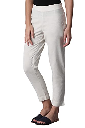 W for Woman White Solid Mid-Rise Cotton Flax Slim Pants (Size: S)-WCR60151-211345