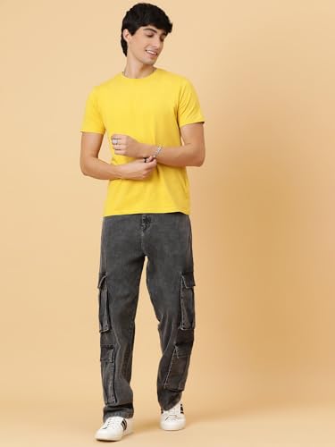 KOTTY Men's Solid Mid Rise Straight Fit Stylish Looking Cargo Jeans(Grey,30)