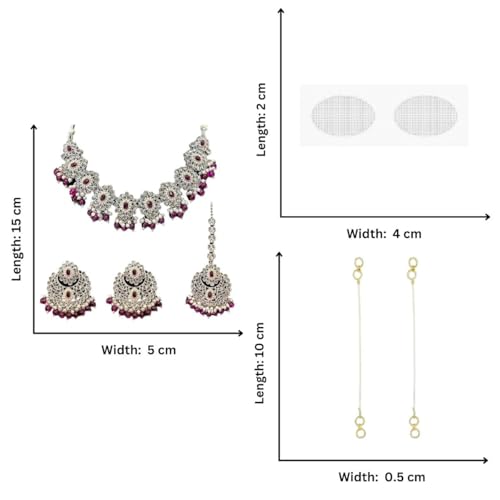 ACCESSHER Pink Silver-Tone AD Stone Studded Necklace With Earring Jewellery Set with a Pair of Transparent Flexible Earring Strand & Maangtikka Supporter | For Women & Girls
