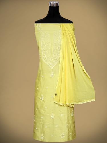Ada Hand Embroidered Lucknowi Chikankari Unstitched Chanderi Dress Material Suit Piece with Dupatta for Women 01A791864 Lemon