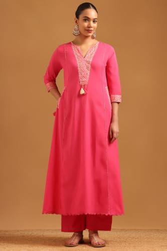 Soch Womens Fuchsia Cotton Solid Salwar Suit With Faux Mirror