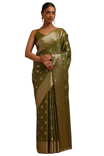 Soch Womens Olive Georgette Ethnic Motifs Zari Woven Saree