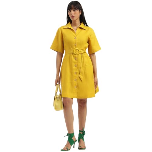 UNITED COLORS OF BENETTON Shirt Collar Solid A-Line Dress (Size: L)-25P4WVNDR150I901 Yellow