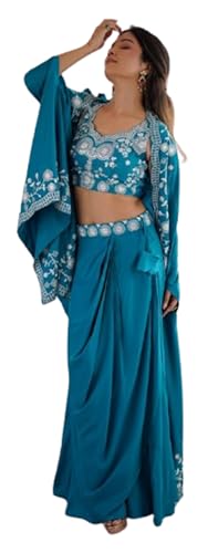 MARUTI FASHION HOUSE Lehenga Choli Indo-Western Draped Saree Set For Womens And Girls Ready To Wear Hevay Crep Silk Fabric With Work Multi Thread Embroidery Coding Sequence Light teal