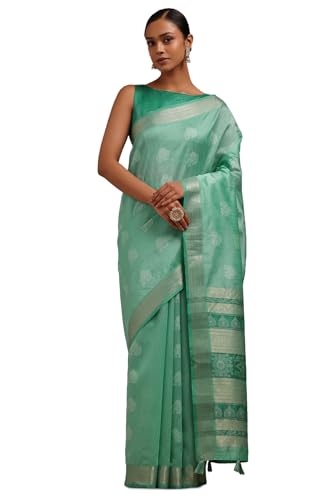 Soch Womens Turquoise Blue Tussar Woven Design Saree
