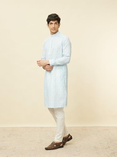 Manyavar Mens Blue Blended Cotton Printed Kurtas