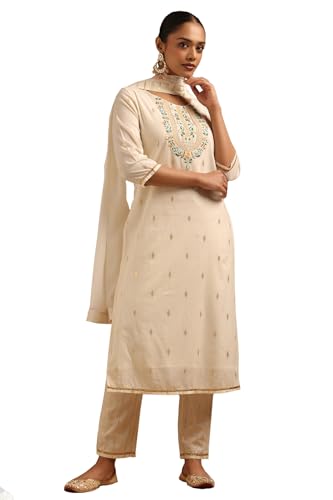 Soch Womens Off-White Pure Cotton Floral Embroidered Zari Woven Salwar Suit