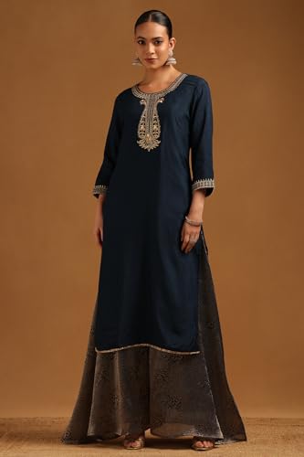 Soch Womens Navy Blue Dola Silk Embroidered Salwar Suit With Zari