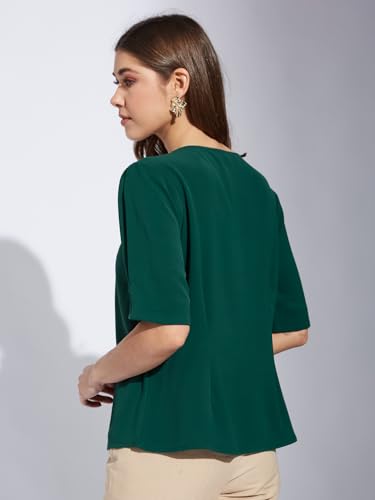 Latin Quarters Women Green Round Neck Half Sleeve Solid Tunic Blouse_S
